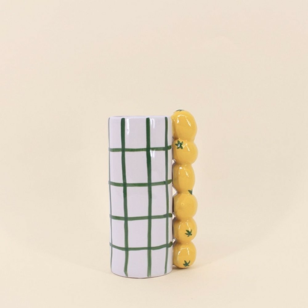Vase quadrillé vert, citrons en relief, h18cm