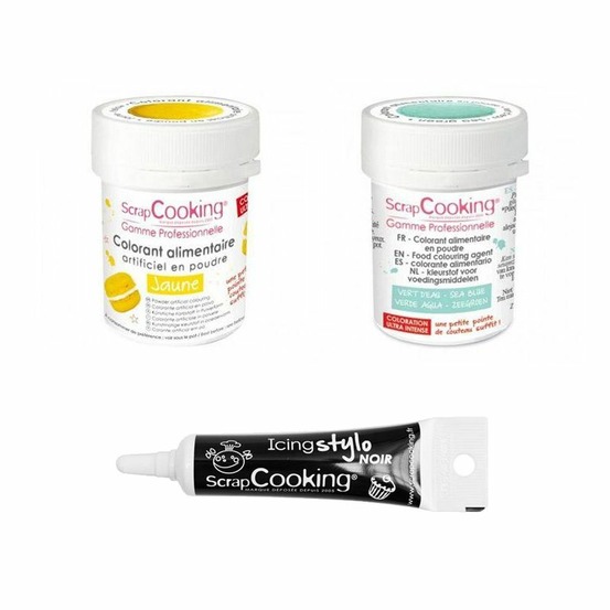 2 colorants alimentaires jaune-vert d'eau + stylo glaçage noir