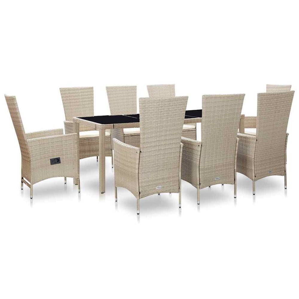 Ensemble à manger d'extérieur et coussins 9 pcs résine tressée