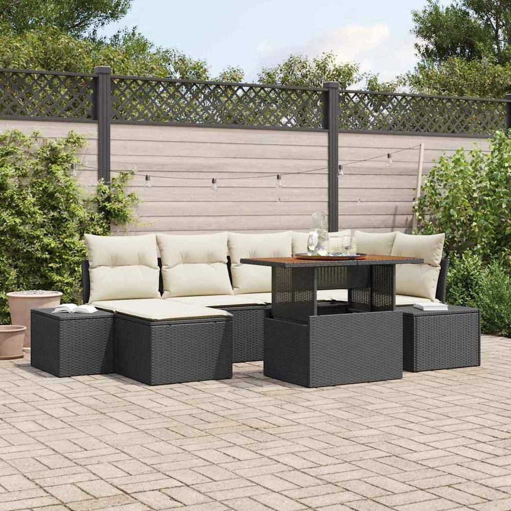 Ensemble de canapé de jardin 7 pcs noir poly rotin
