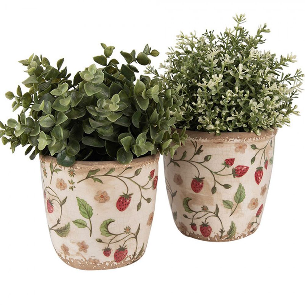 Pot de fleurs fraises beige rouge céramique 14x13x13cm