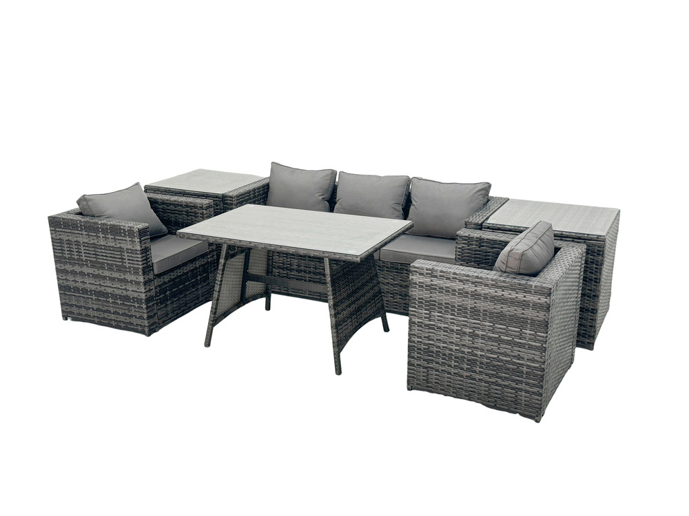 5 places ensemble repas de jardin exterieur avec table à manger oblongue 2 fauteuil 2 tables d'appoint gris foncé mixte