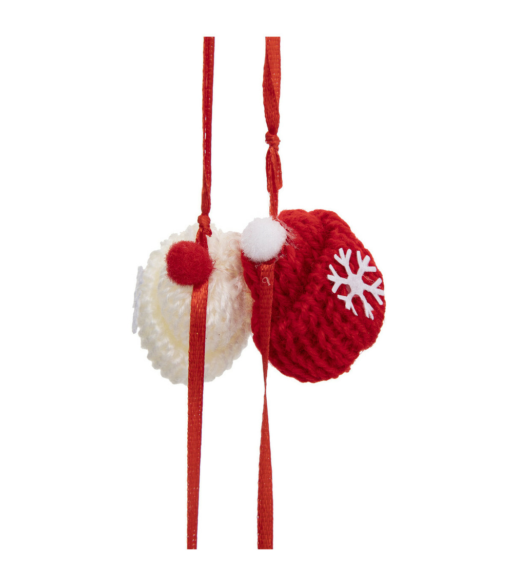 Guirlande de noël bonnets avec pompon et flocon sur ruban satin rouge l 200 cm