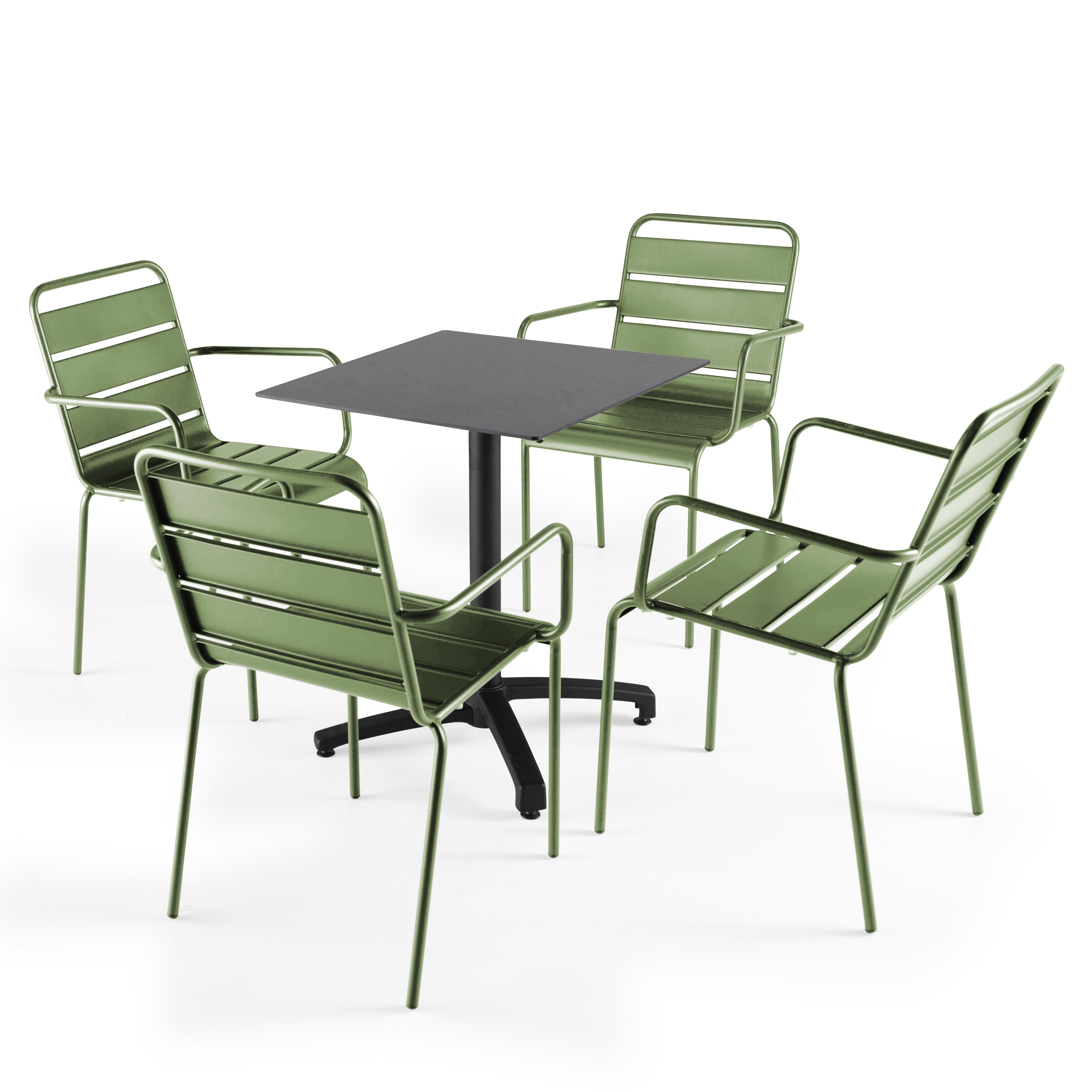 Ensemble table de jardin stratifié foncé et 4 fauteuils vert cactus