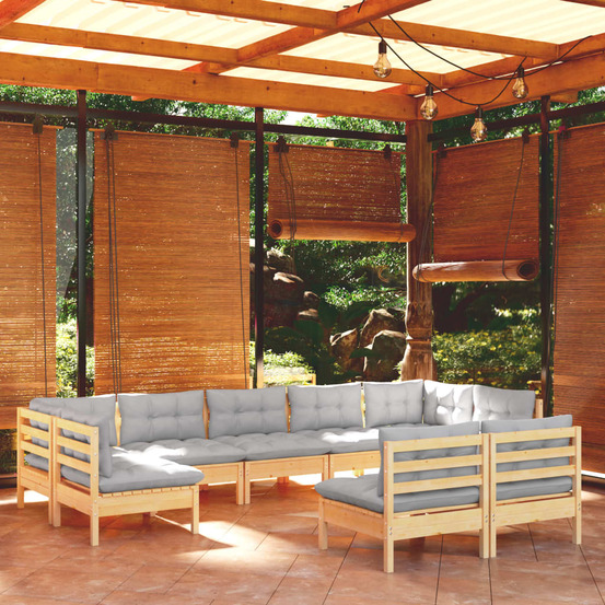 Salon de jardin 9 pcs avec coussins gris bois de pin massif