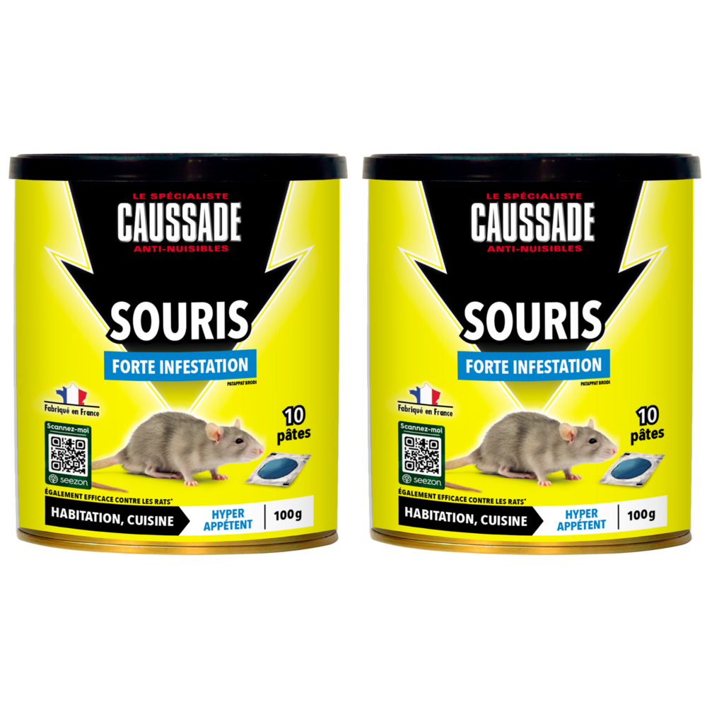 Caussade anti-souris – 20 sachets pâtes prêts à l’emploi, forte infestation, usage lieux secs et humides, 2x100g