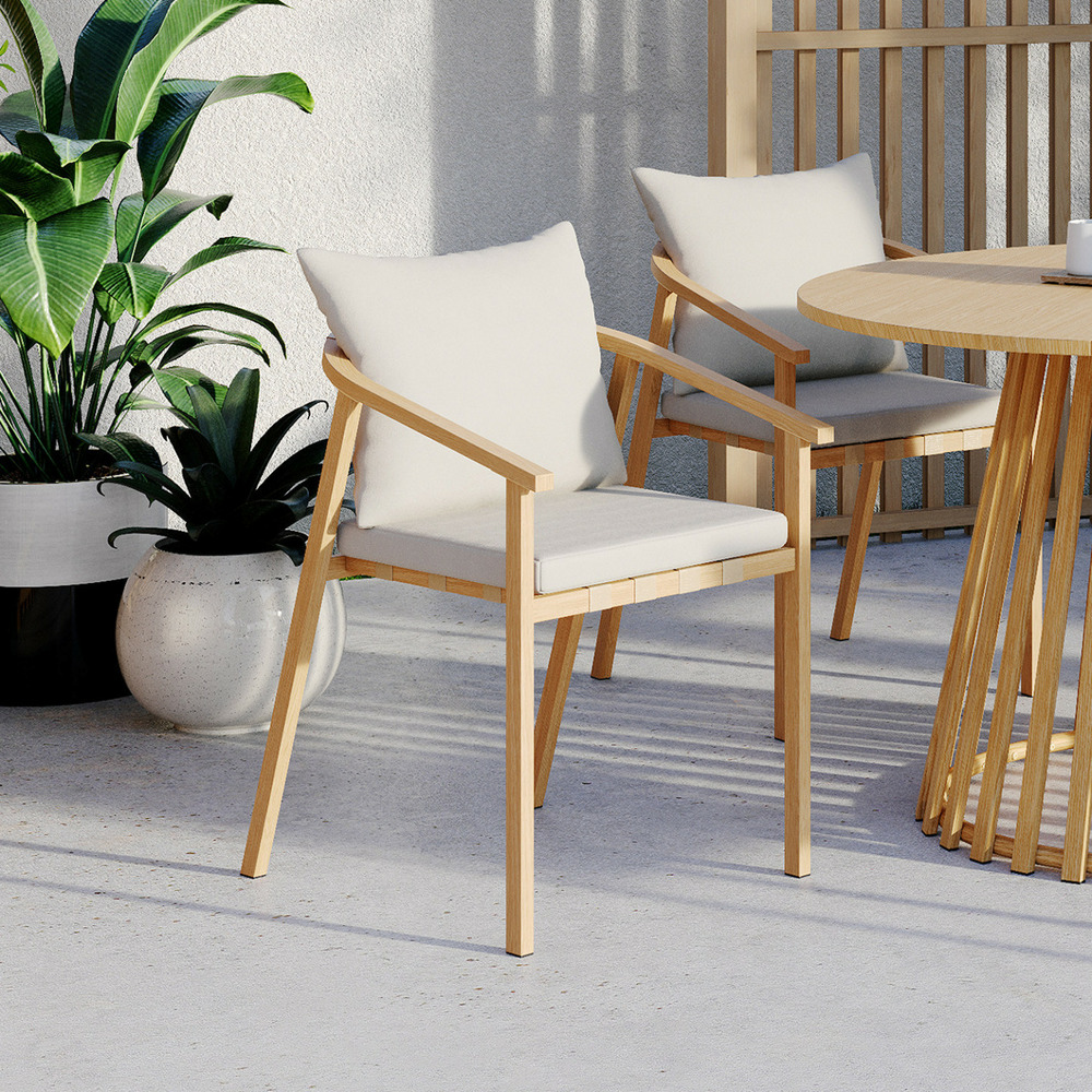 Lot de 4 chaises de jardin malta structure en métal effet bois, lanières et coussins beiges