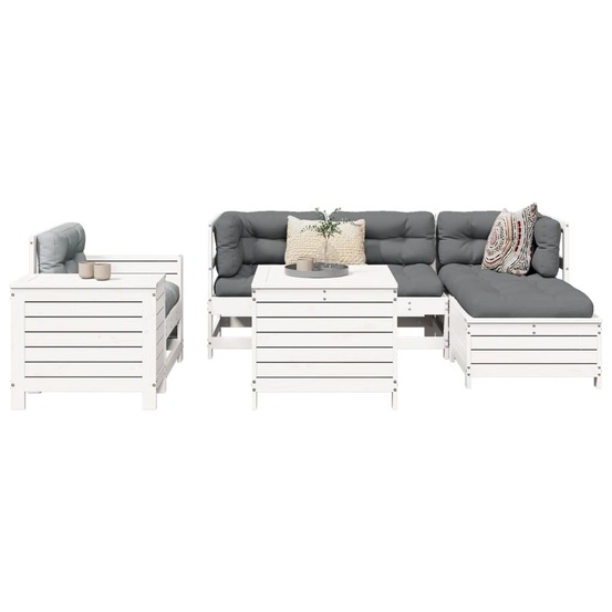 Salon de jardin 7 pcs blanc bois de pin massif