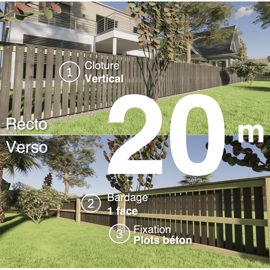 Kit clôture bois moderne 20m – h 0,9m – 20 x 70 mm noir par trempage – pose vertical – simple face – à sceller