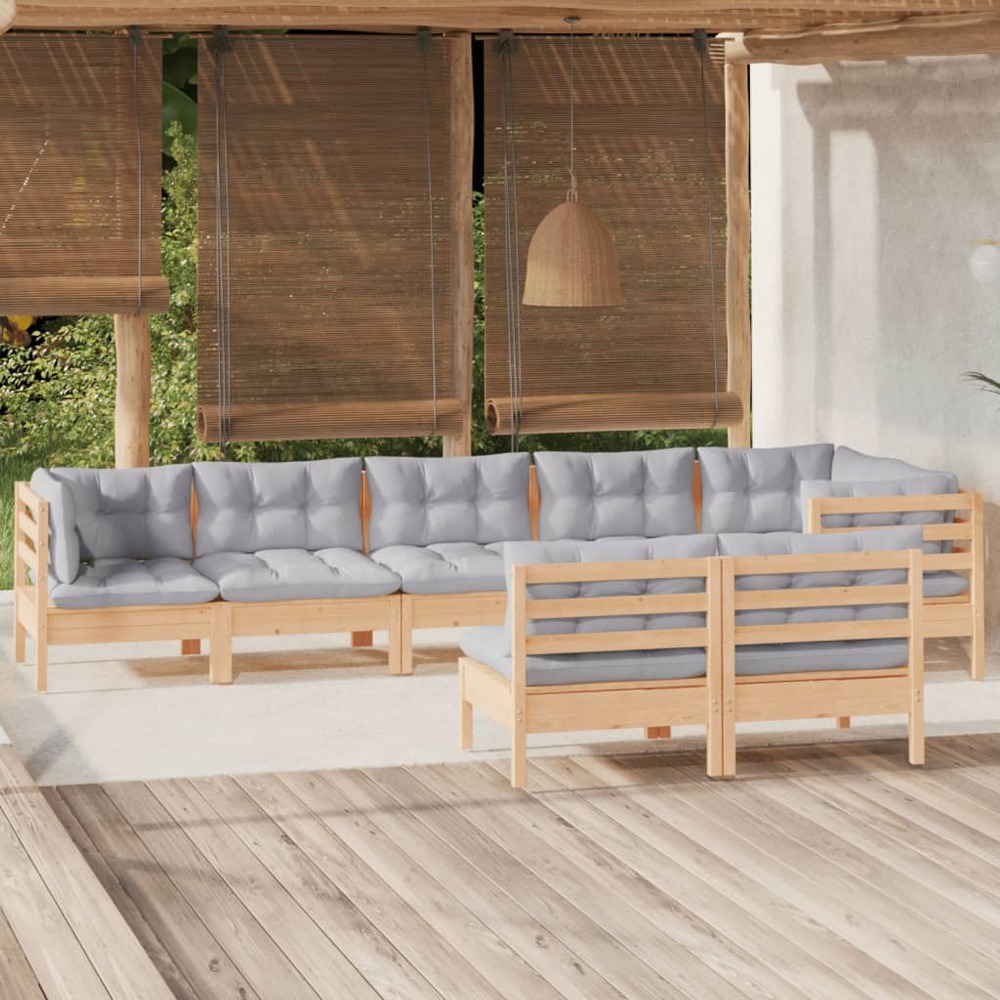 Salon de jardin 8 pcs avec coussins gris bois de pin massif
