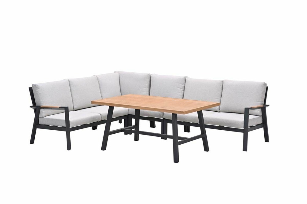 Ensemble salon de jardin elati - table haut - 5 pièces - noir de carbone - sable de la vallée - teck clair