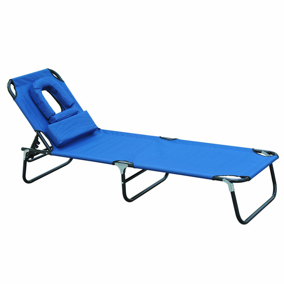 Chaise longue inclinable à trois pieds, avec fenêtre de lecture et ouverture pour le visage, bleue