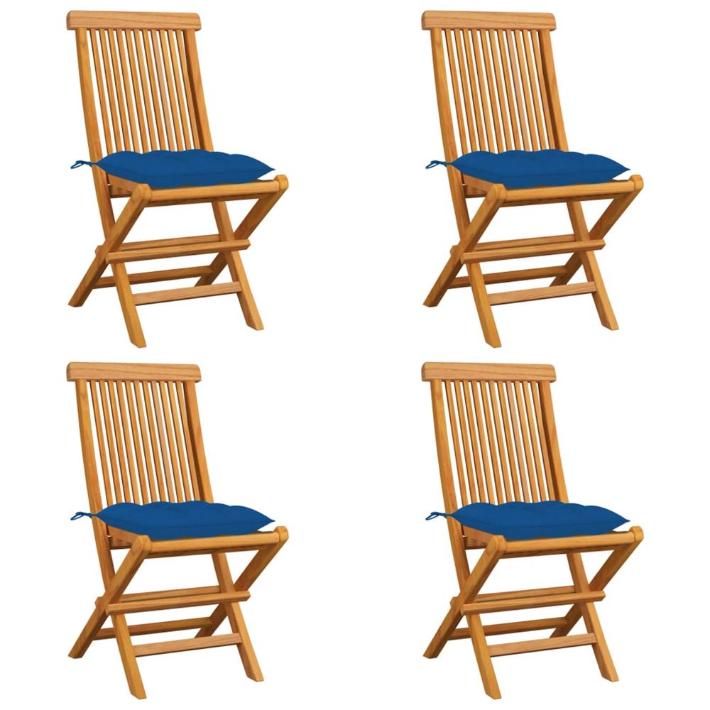 Chaises pliantes avec coussins bleus, 4 pièces, en bois de teck massif