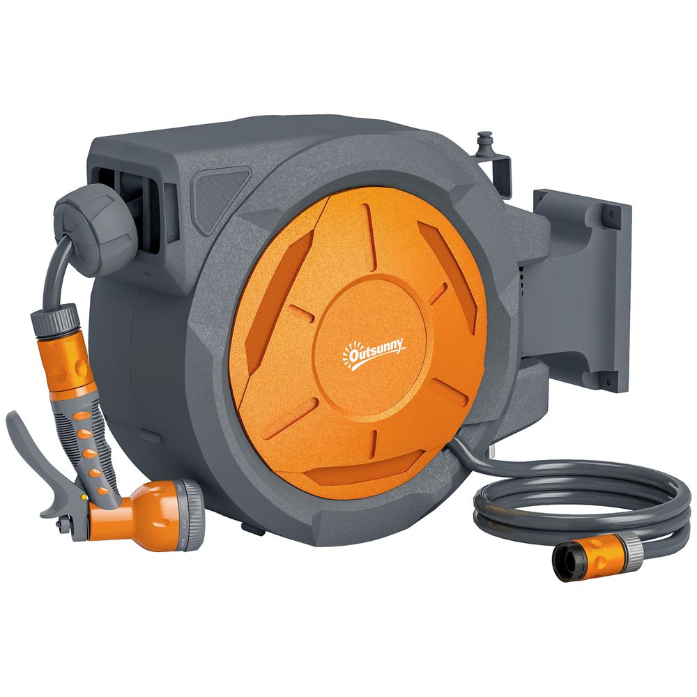 Dévidoir mural enrouleur automatique pivotant 180° tuyau 30+2m avec pistolet arrosage support mural intégré orange gris
