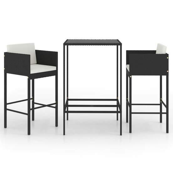 Ensemble de bar de jardin 3 pcs et coussins résine tressée noir
