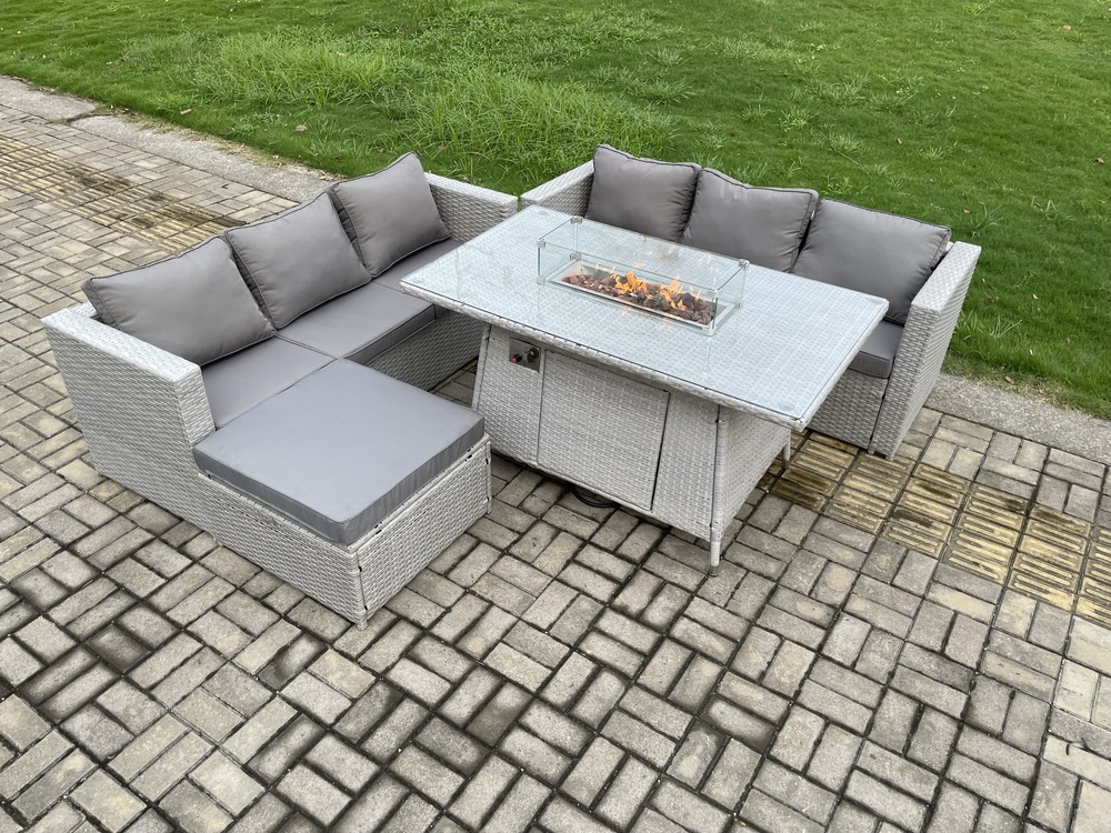 7 places ensemble meuble de jardin en rotin ave 2 canapé et grand tabourets pour pelouse terrasse intérieure gris clair