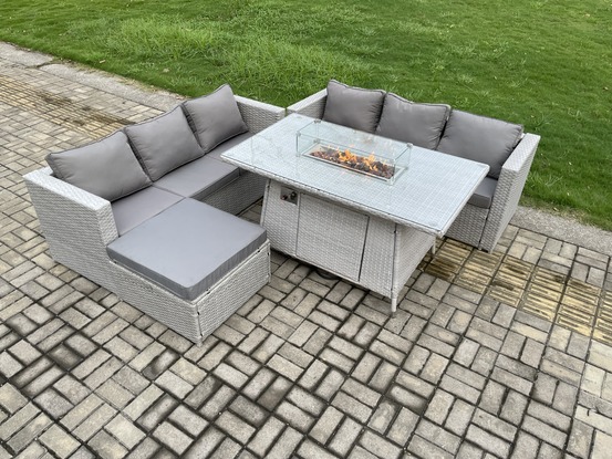 7 places ensemble meuble de jardin en rotin ave 2 canapé et grand tabourets pour pelouse terrasse intérieure gris clair