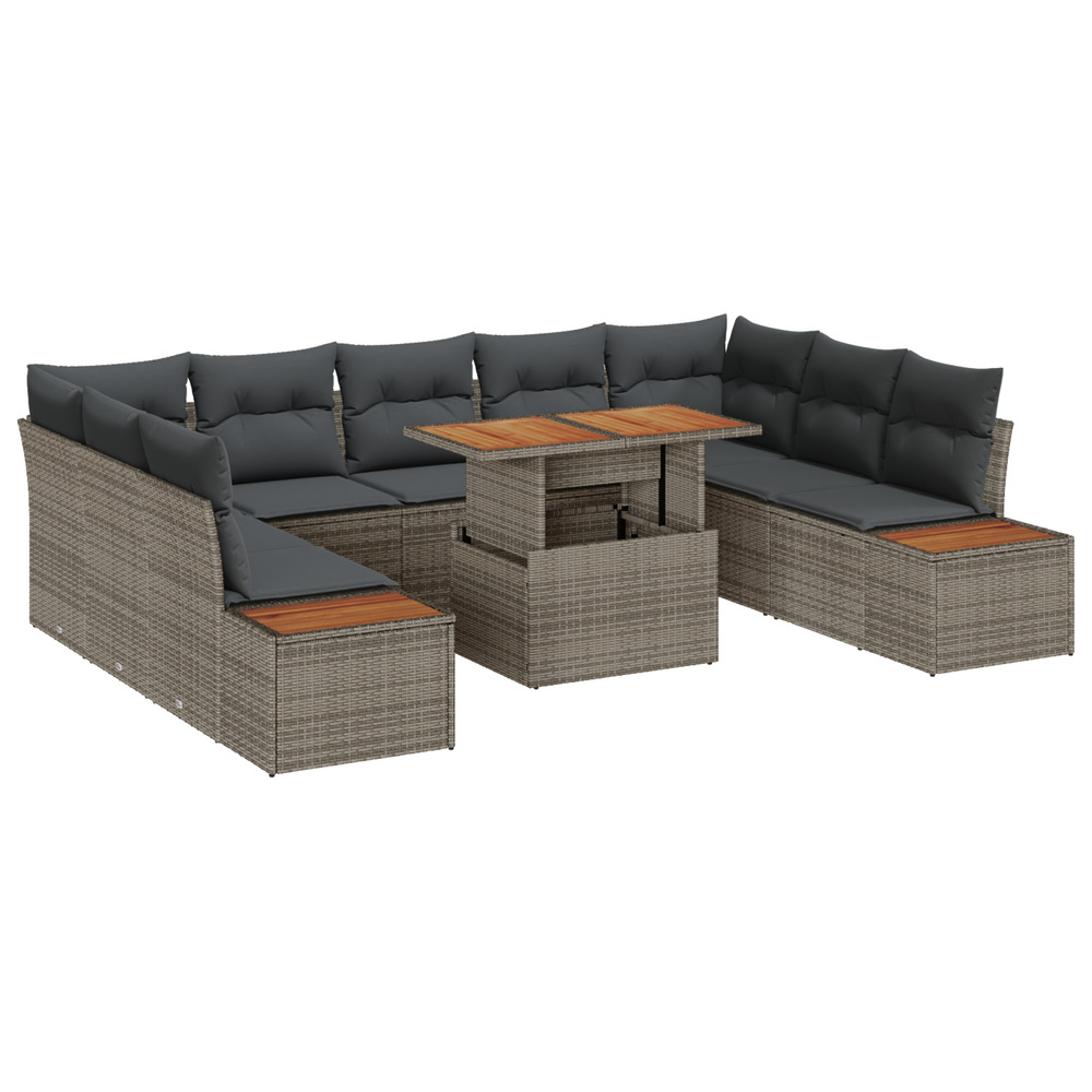 Jeu de salle à manger de jardin de 10 pièces avec coussins gris en poly rotin et acacia