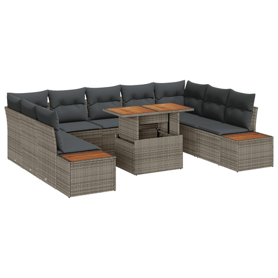 Jeu de salle à manger de jardin de 10 pièces avec coussins gris en poly rotin et acacia