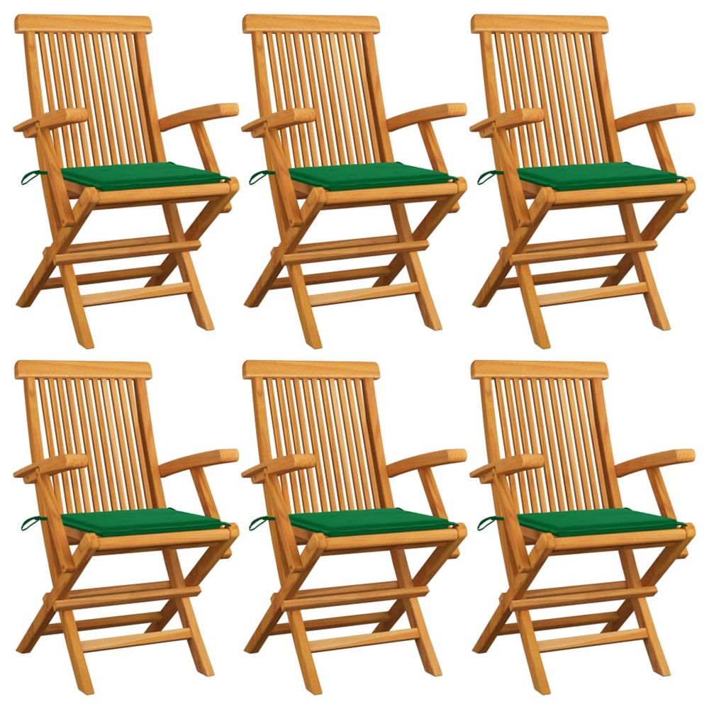 Chaises pliantes avec coussins verts, 6 pièces, en teck massif