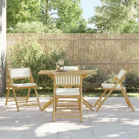 Ensemble de bistro pliante 5 pcs et coussins blanc crème bambou