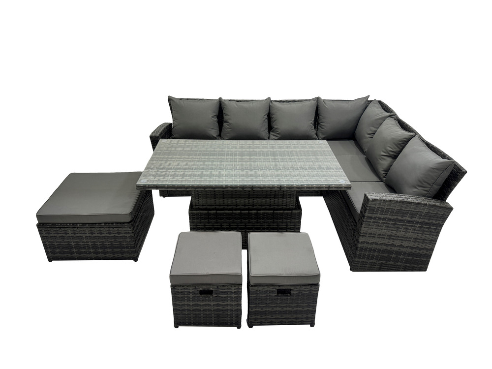 9 places salon de jardin extérieur en résine avec 3 tabourets gris foncé mixte right het