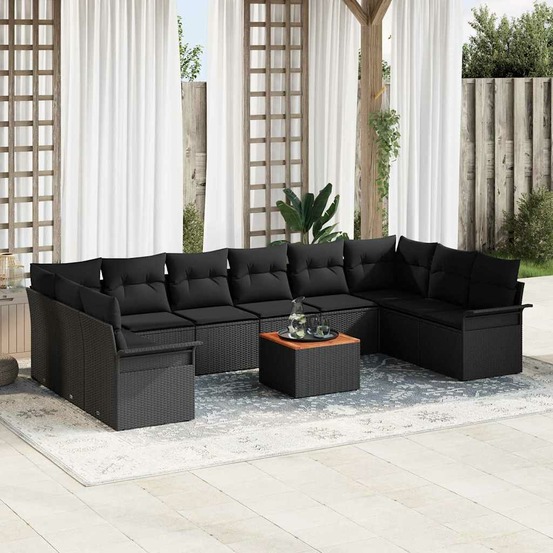 Ensemble de canapé de jardin avec coussin 11 pcs noir polyrotin