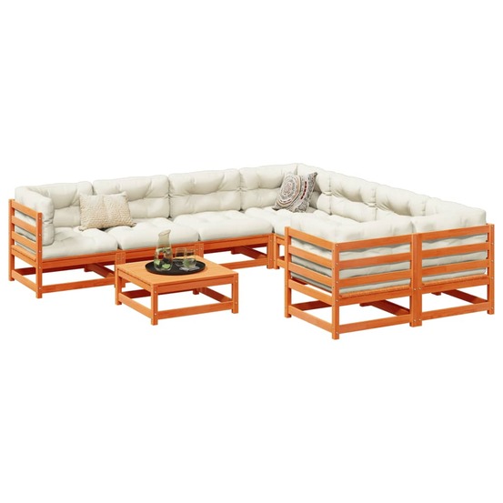 Salon de jardin 9 pcs avec coussins marron cire bois pin massif