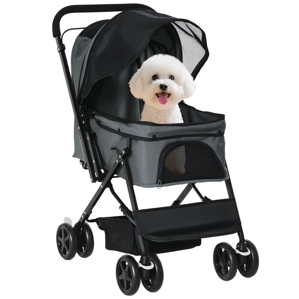 Poussette chien pliable acier tissu oxford guidon réversible fenêtre filet 76x52x95cm gris