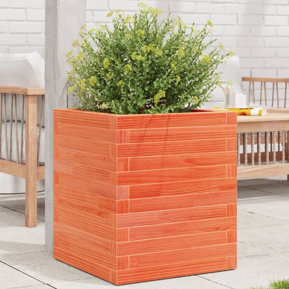 Petit bac à fleurs carré en bois de pin massif – pot cube finition cire naturelle pour balcon – 40cm brun