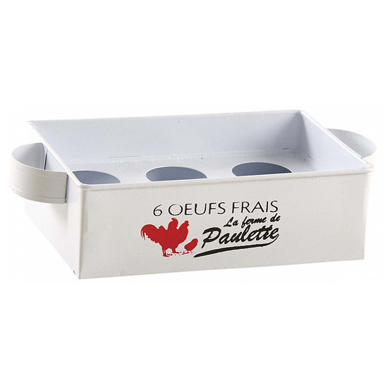 Boîte à oeufs en métal blanc décor poule – capacité 6 oeufs