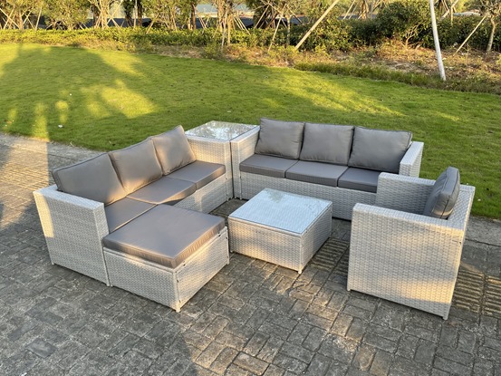 Meubles de jardin en rotin ave canapé à 3 places fauteuil table d'appoint table basse grand tabourets gris clair