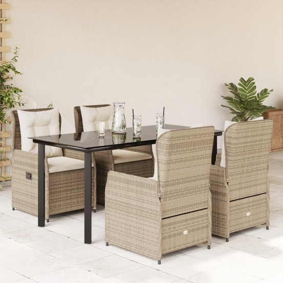 Ensemble à manger de jardin avec coussins 5pcs beige poly rotin