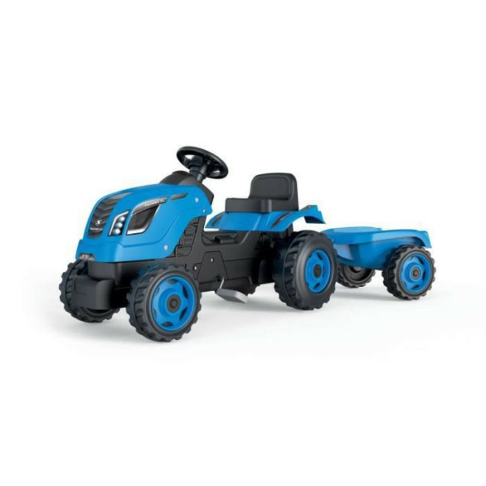 Tracteur a pédales farmer xl + remorque - bleu - smoby - siege ajustable - capot ouvrant - klaxon - 90% plastique recyclé