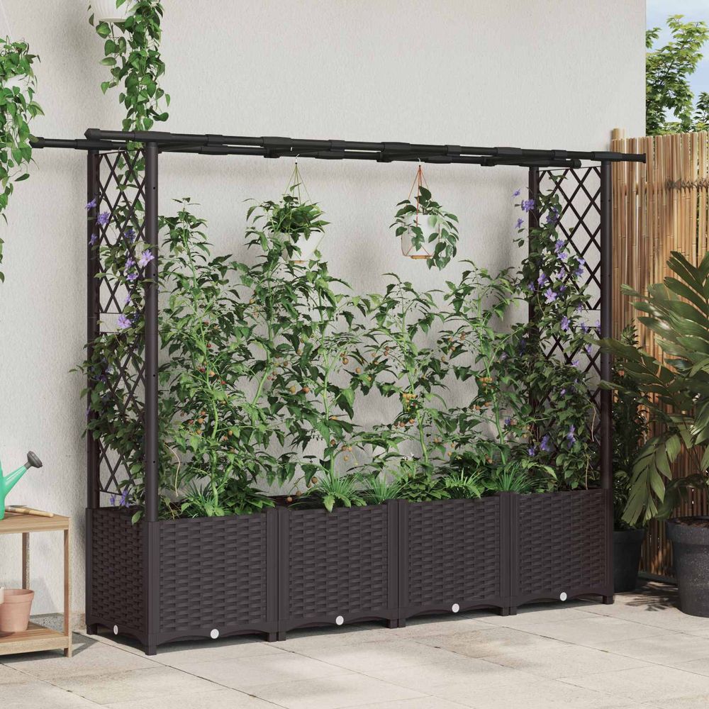 Jardinière surélevée treillis toit polypropylène extérieur plantes grimpantes 203x136cm marron