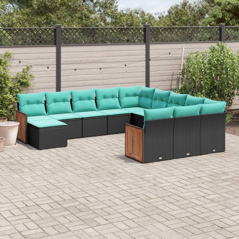 Salon de jardin avec coussins 12 pcs noir résine tressée
