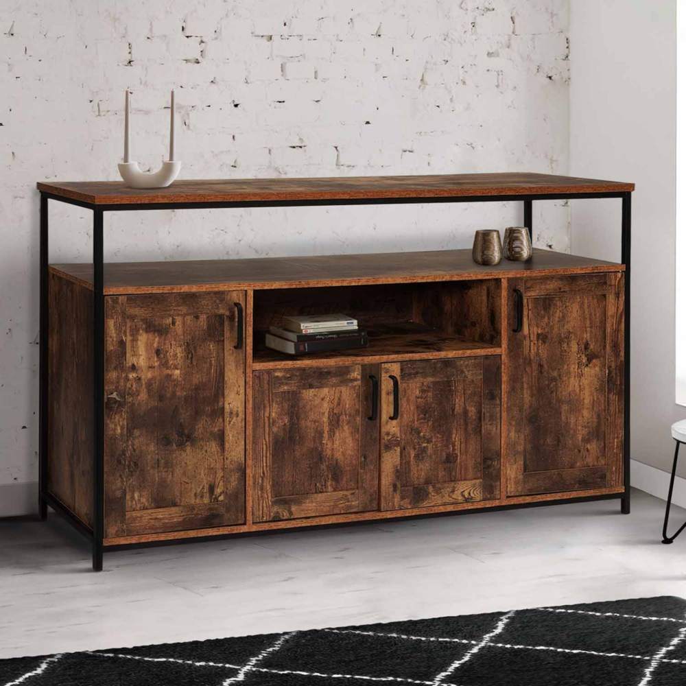 Buffet 140 cm dayton 4 portes avec niche effet vieilli design industriel
