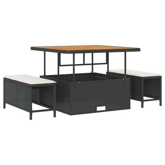 Ensemble de salle à manger de jardin 3 pièces avec coussins rattan poly noir acacia