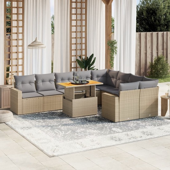 Salon de jardin avec coussins 10 pcs beige résine tressée