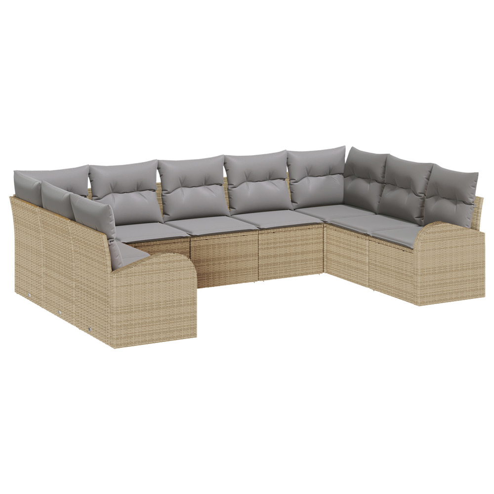 Ensemble de canapé de jardin 9 pièces avec coussins beige poly rattan