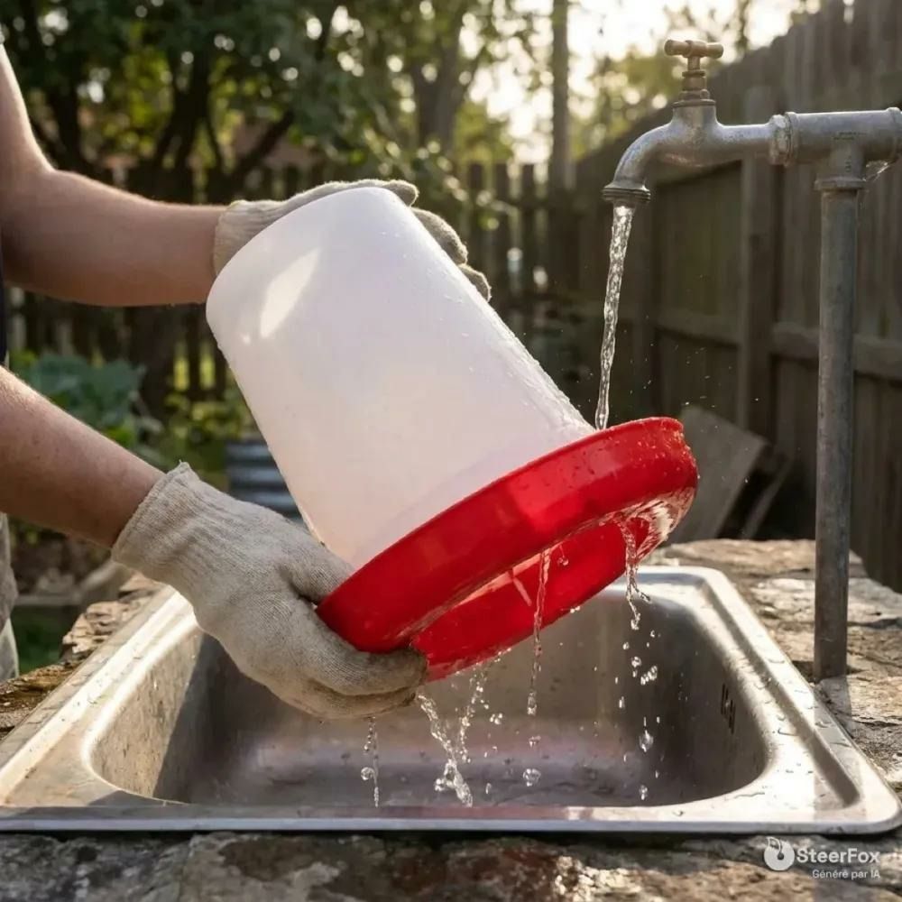 Mangeoire à trémie plastique 1,5 kg avec poignée pour volailles