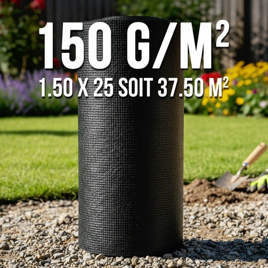 Membrane géotextile 150 g/m² 1,5 m × 25 m soit 37,5 m² mgs – feutre anti-mauvaises herbes drainage sol allée terrasse jardin