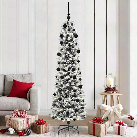 Sapin de noël blanc floqué 210 cm, pack décoration complet avec 300 led et 120 boules