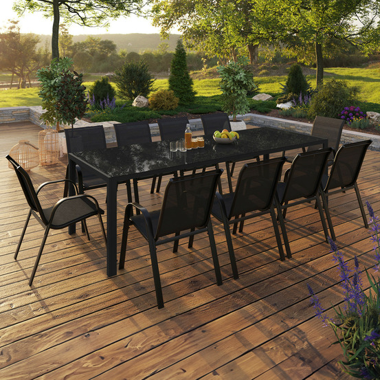 Salon de jardin madrid table 240 cm et 10 chaises empilables noir
