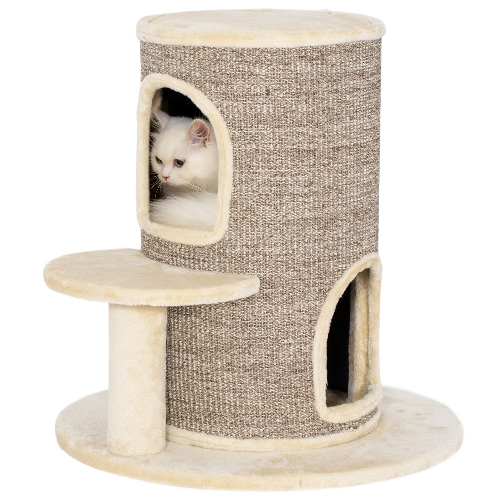 Tonneau griffoir chat sisal peluche 2 niveaux plateforme jeu 60x60x61cm beige