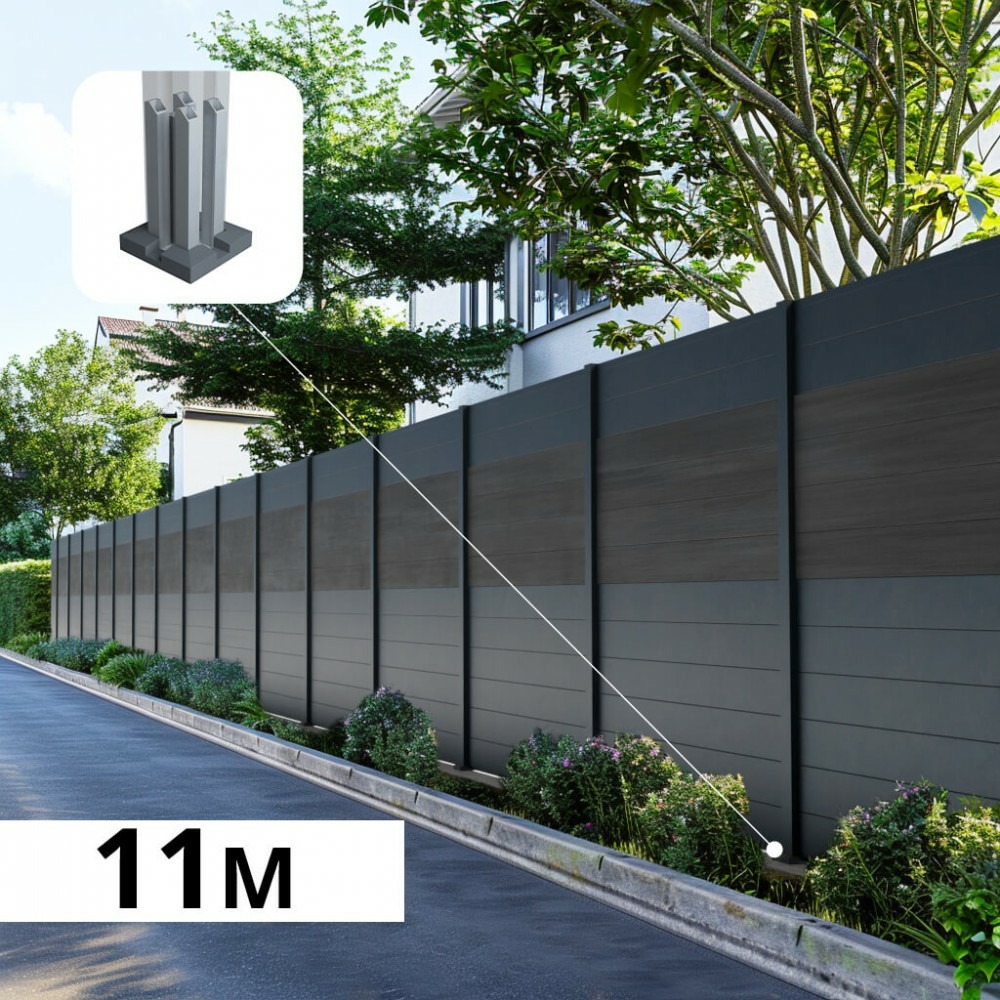 Kit clôture aluminium bahia & cruz ardoise 11,03x1,8m - aluminium et bois composite - poteaux sur platines gris - occultation