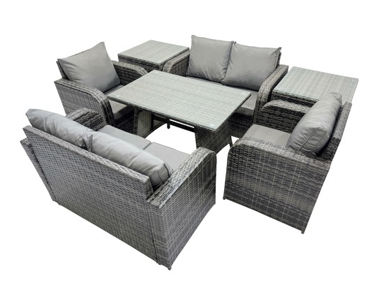 Ensemble de canapé en rotin extérieur avec table à manger rectangulaire 2 tables d'appoint gris foncé mixte