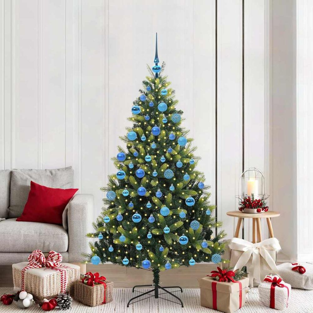 Kit complet sapin de noël artificiel 180 cm, décoration facile avec lumières led et 120 boules