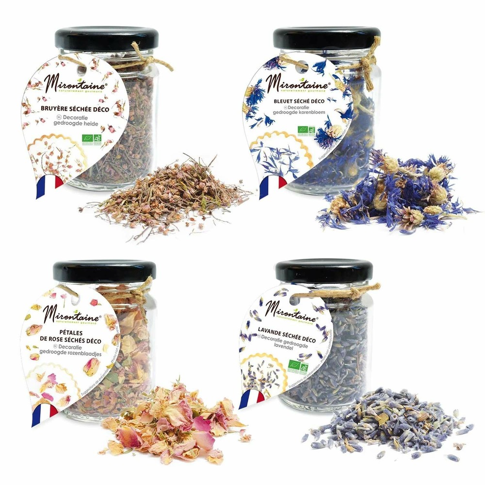 4 fleurs séchées comestibles pour pâtisserie - lavande, rose, bleuet, bruyère