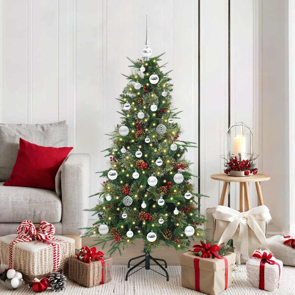 Sapin de noël artificiel vert 1,50 m, kit complet avec 61 boules, guirlande led 30m et décorations naturelles